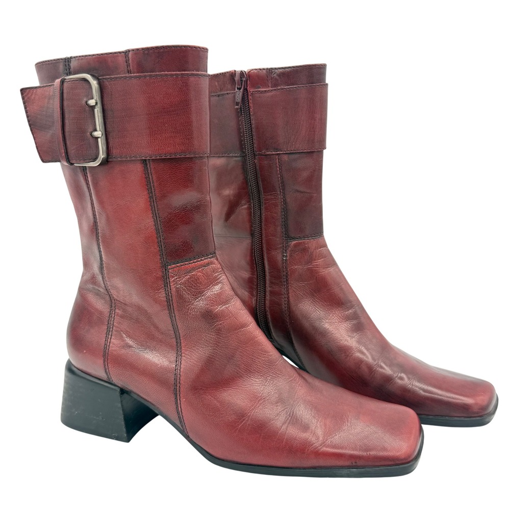 Burgundy Leather Square Toe Boots Womens vagabond Block Heel Buckle 90s Y2K Sz 6